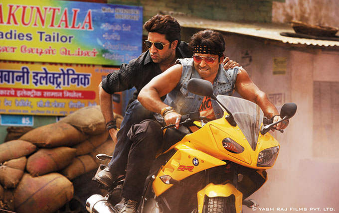 Uday Chopra And Abhishek Bachan On Bike