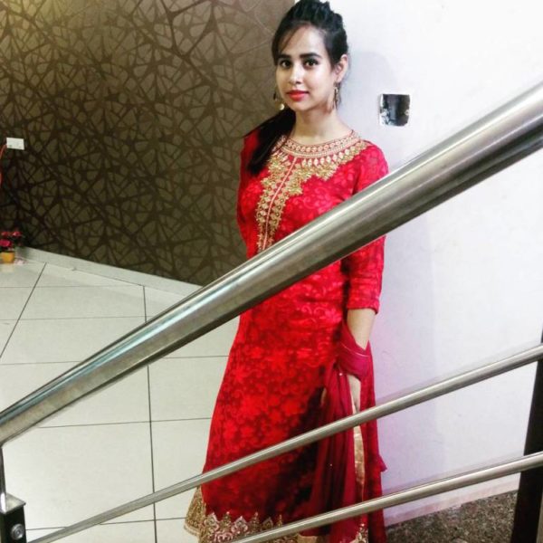 Sunanda Sharma Wearing Red Frock Suit-303